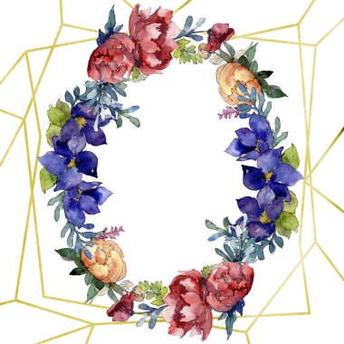 Kırmızı, turuncu ve mavi buket botanik çiçek. Suluboya arka plan illüstrasyon küme. Çerçeve kenarlığı süsleme Meydanı.