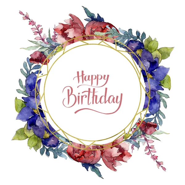 Kırmızı, turuncu ve mavi buket botanik çiçek. Suluboya arka plan illüstrasyon küme. Çerçeve kenarlığı süsleme Meydanı.