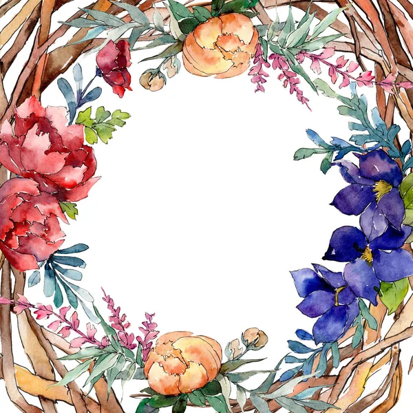Kırmızı, turuncu ve mavi buket botanik çiçek. Suluboya arka plan illüstrasyon küme. Çerçeve kenarlığı süsleme Meydanı.