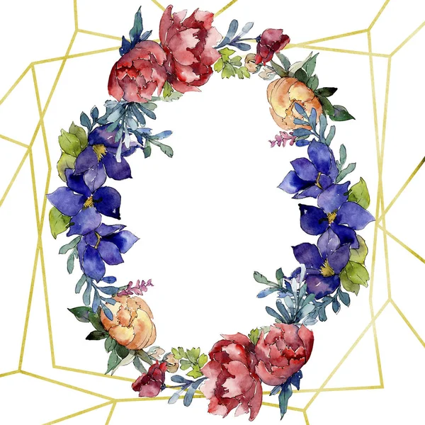 Kırmızı, turuncu ve mavi buket botanik çiçek. Suluboya arka plan illüstrasyon küme. Çerçeve kenarlığı süsleme Meydanı.