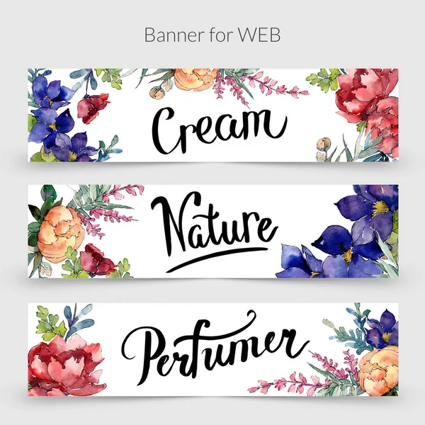 Boeket bloemen botanische bloem. Aquarel achtergrond afbeelding instellen. Sjabloon voor spandoek promo voor achtergrond. — Stockfoto