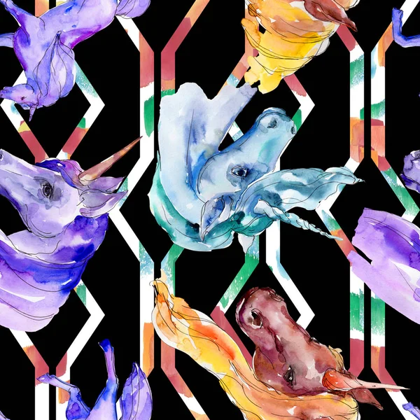 Şirin tek boynuzlu at. Peri masalı çocuk tatlı rüya. Suluboya arka plan illüstrasyon küme. Sorunsuz arka plan deseni.