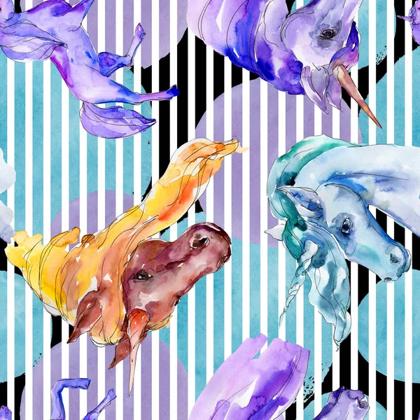 Şirin tek boynuzlu at. Peri masalı çocuk tatlı rüya. Suluboya arka plan illüstrasyon küme. Sorunsuz arka plan deseni.