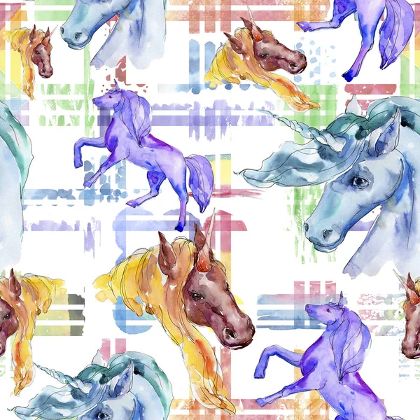 Niedliches Einhorn-Pferd. Märchenhafte Kinderträume. Aquarell Hintergrundillustration Set. nahtloses Hintergrundmuster. — Stockfoto