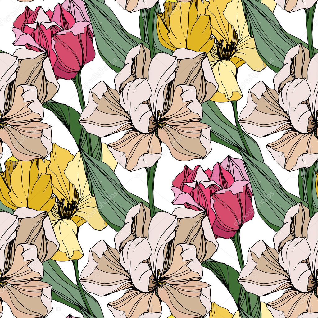 Vector Tulip engraved ink art. Floral botanical flower. Seamless background pattern. Fabric wallpaper print texture.
