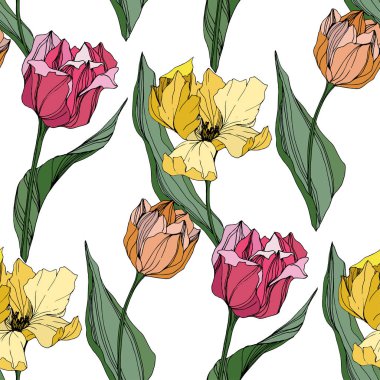 Vektör Tulip mürekkep sanat kazınmış. Botanik çiçek. Sorunsuz arka plan deseni. Kumaş duvar kağıdı yazdırma doku.