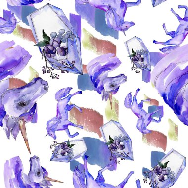 Şirin tek boynuzlu at. Peri masalı çocuk tatlı rüya. Suluboya arka plan illüstrasyon küme. Sorunsuz arka plan deseni.