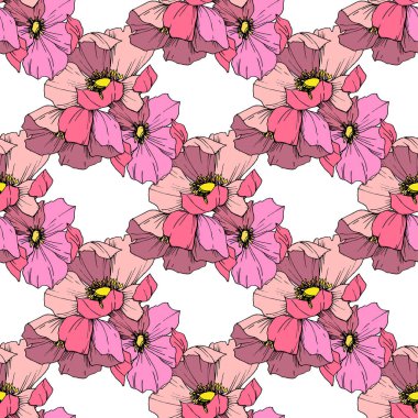 Vektör pembe rosa canina çiçek. Oyulmuş mürekkep sanat. Sorunsuz arka plan deseni. Kumaş duvar kağıdı yazdırma doku.