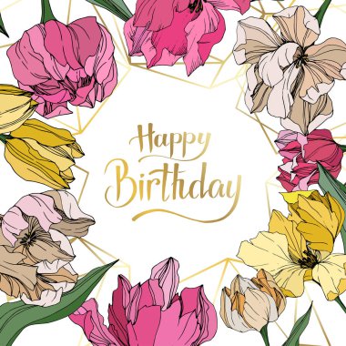 Vektör Tulip mürekkep sanat kazınmış. Botanik çiçek. Bahar yaprak izole kır çiçeği. Çerçeve kenarlığı süsleme Meydanı.