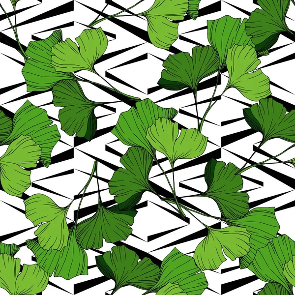 Vektor zelené ginkgo list. Ryté inkoust umění. Vzor bezešvé pozadí. Fabric tapety tisku textura. — Stockový vektor