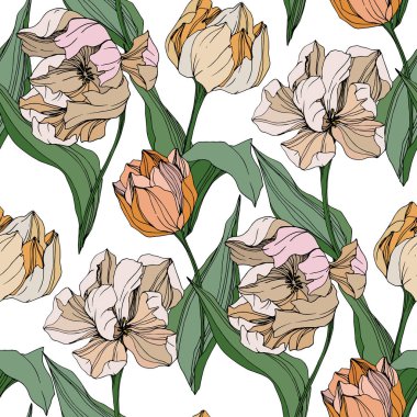 Vektör Tulip mürekkep sanat kazınmış. Botanik çiçek. Sorunsuz arka plan deseni. Kumaş duvar kağıdı yazdırma doku.