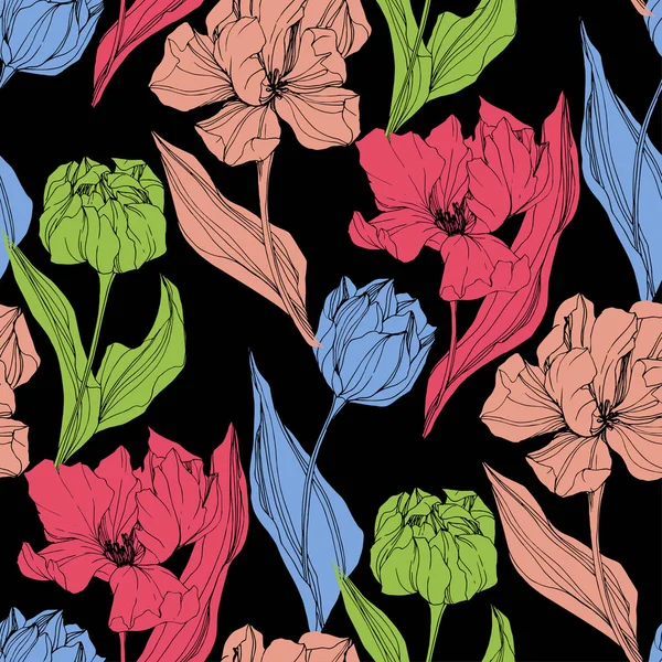 Tulip wektor wygrawerowanym sztuki atramentu. Botaniczny kwiat kwiatowy. Bezszwowe tło wzór. Tkanina tapeta tekstura wydruku. — Wektor stockowy