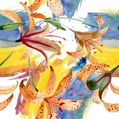Turuncu lilyum botanik çiçek. Suluboya arka plan illüstrasyon küme. Sorunsuz arka plan deseni.