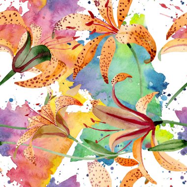 Turuncu lilyum botanik çiçek. Suluboya arka plan illüstrasyon küme. Sorunsuz arka plan deseni.