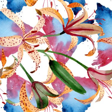 Turuncu lilyum botanik çiçek. Suluboya arka plan illüstrasyon küme. Sorunsuz arka plan deseni.