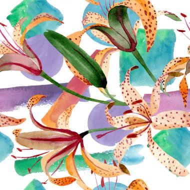 Turuncu lilyum botanik çiçek. Suluboya arka plan illüstrasyon küme. Sorunsuz arka plan deseni.