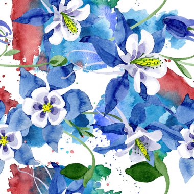 Mavi aquilegia botanik çiçek. Suluboya arka plan illüstrasyon küme. Sorunsuz arka plan deseni.