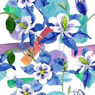Mavi aquilegia botanik çiçek. Suluboya arka plan illüstrasyon küme. Sorunsuz arka plan deseni.