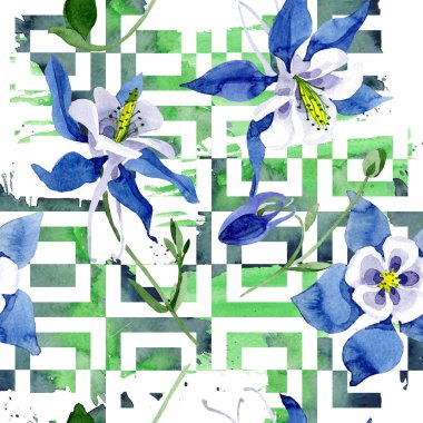 Mavi aquilegia botanik çiçek. Suluboya arka plan illüstrasyon küme. Sorunsuz arka plan deseni.