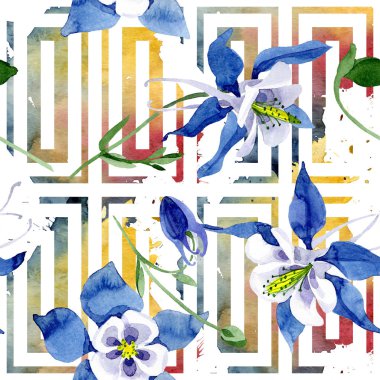 Mavi aquilegia botanik çiçek. Suluboya arka plan illüstrasyon küme. Sorunsuz arka plan deseni.