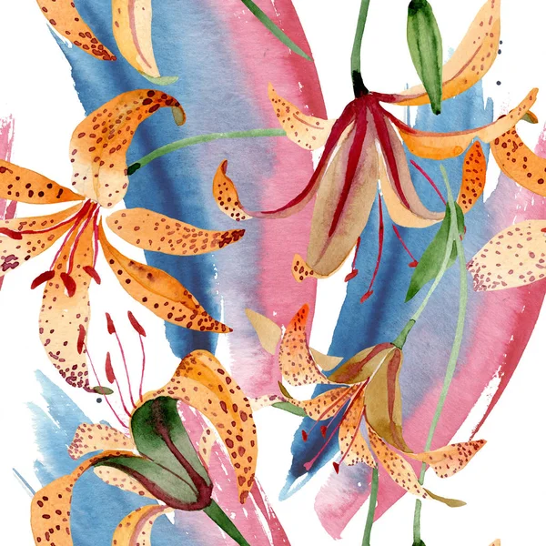 Oranje lilium floral botanische bloem. Aquarel achtergrond afbeelding instellen. Naadloze achtergrondpatroon. — Stockfoto