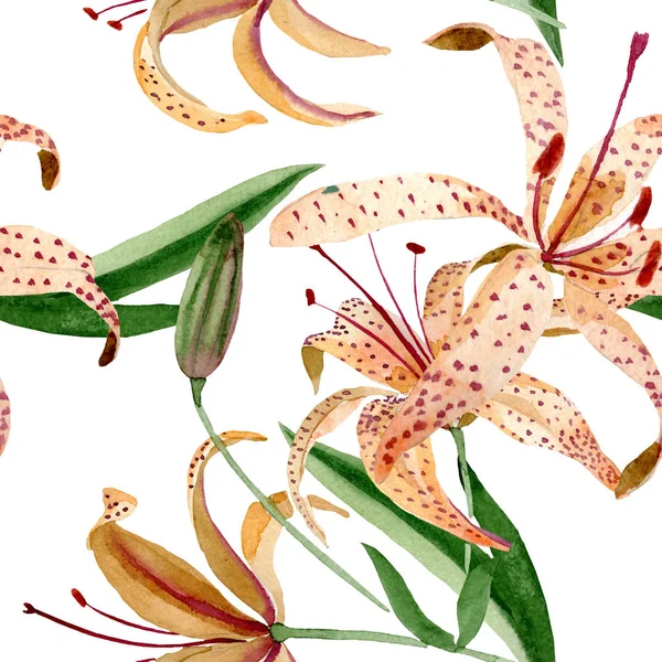 Oranje lilium floral botanische bloem. Aquarel achtergrond afbeelding instellen. Naadloze achtergrondpatroon. — Stockfoto