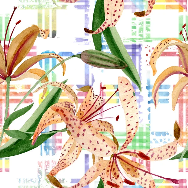 Oranje lilium floral botanische bloem. Aquarel achtergrond afbeelding instellen. Naadloze achtergrondpatroon. — Stockfoto