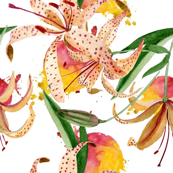 오렌지 나리속 꽃 식물 꽃입니다. 수채화 배경 그림 설정 합니다. 원활한 배경 패턴. — 스톡 사진