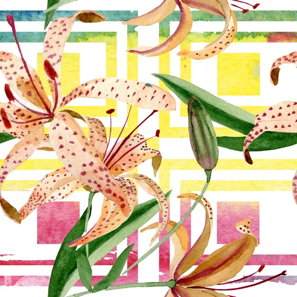 Orange lilium floral botanical flower. Watercolor background illustration set. Seamless background pattern. — Stock Photo, Image