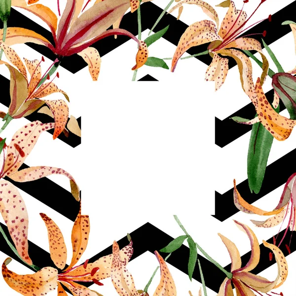 Turuncu lilyum botanik çiçek. Suluboya arka plan illüstrasyon küme. Çerçeve kenarlığı süsleme Meydanı. — Stok fotoğraf
