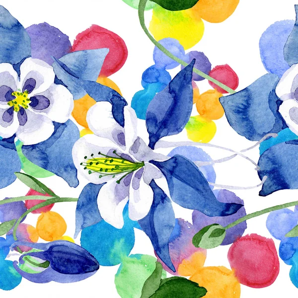 Blauwe aquilegia floral botanische bloem. Aquarel achtergrond afbeelding instellen. Naadloze achtergrondpatroon. — Stockfoto