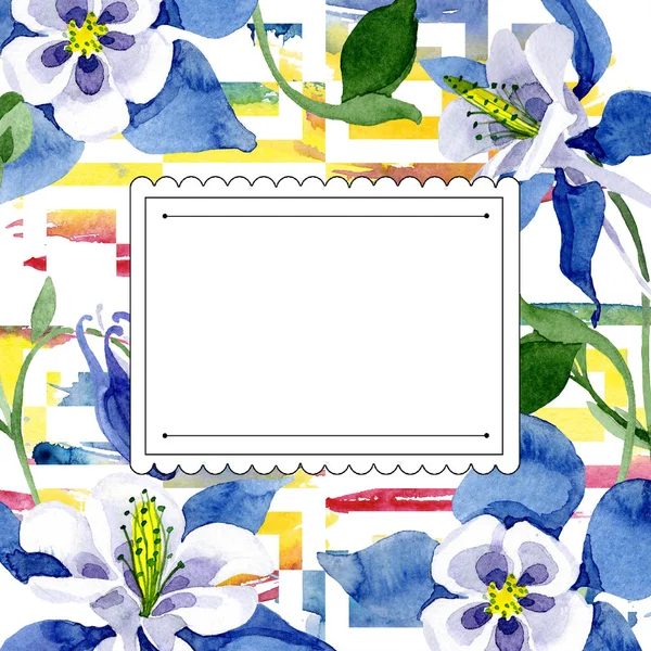 Blauwe aquilegia floral botanische bloem. Aquarel achtergrond afbeelding instellen. Frame grens ornament vierkant. — Stockfoto