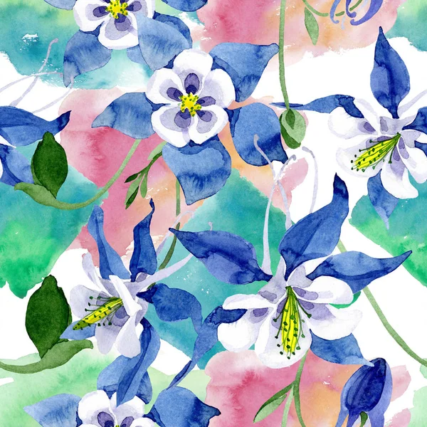 Μπλε aquilegia floral βοτανικό λουλούδι. Ακουαρέλα φόντο εικόνα σύνολο. Απρόσκοπτη υπόβαθρο μοτίβο. — Φωτογραφία Αρχείου