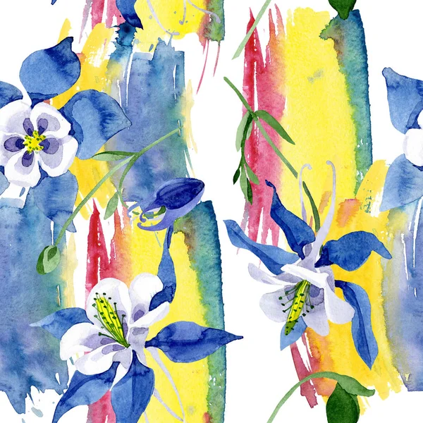 Blauwe aquilegia floral botanische bloem. Aquarel achtergrond afbeelding instellen. Naadloze achtergrondpatroon. — Stockfoto