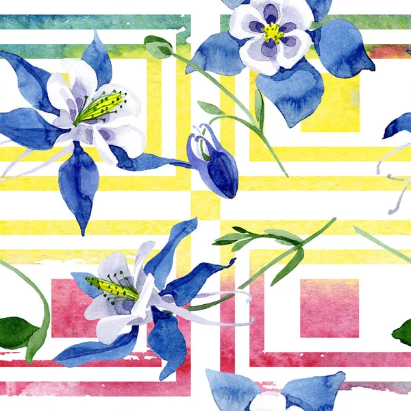 Blue aquilegia floral botanical flower. Watercolor background illustration set. Seamless background pattern. — Stock Photo, Image