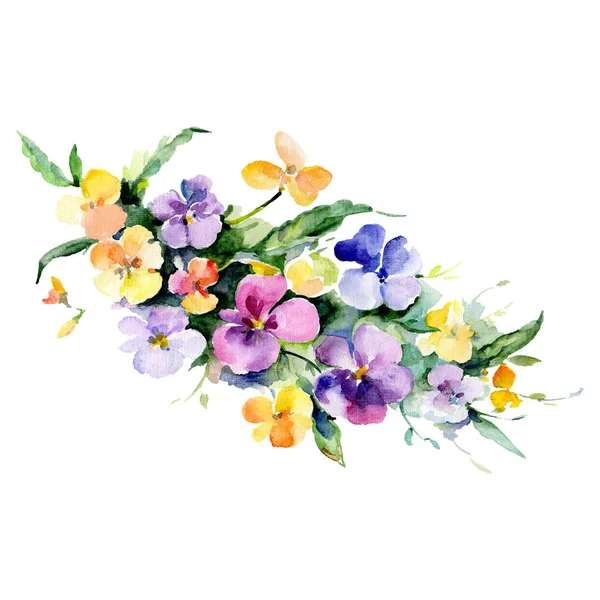 紫色和黄色的花卉花花束 野生春叶野花 水彩背景插图集 水彩画时尚水彩画 被隔绝的花束例证元素 — 图库照片
