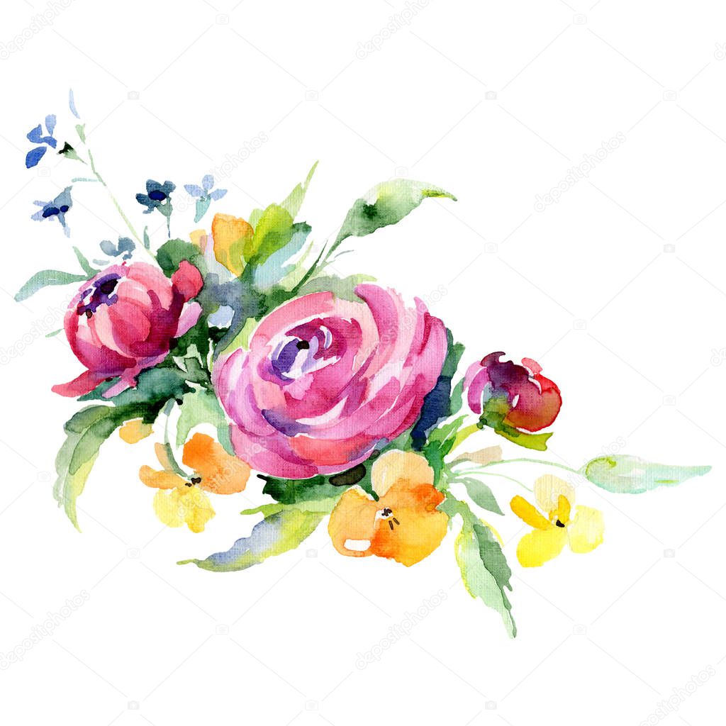 Pink and yellow floral botanical flower bouquet. Watercolor background set. Isolated bouquet illustration element.