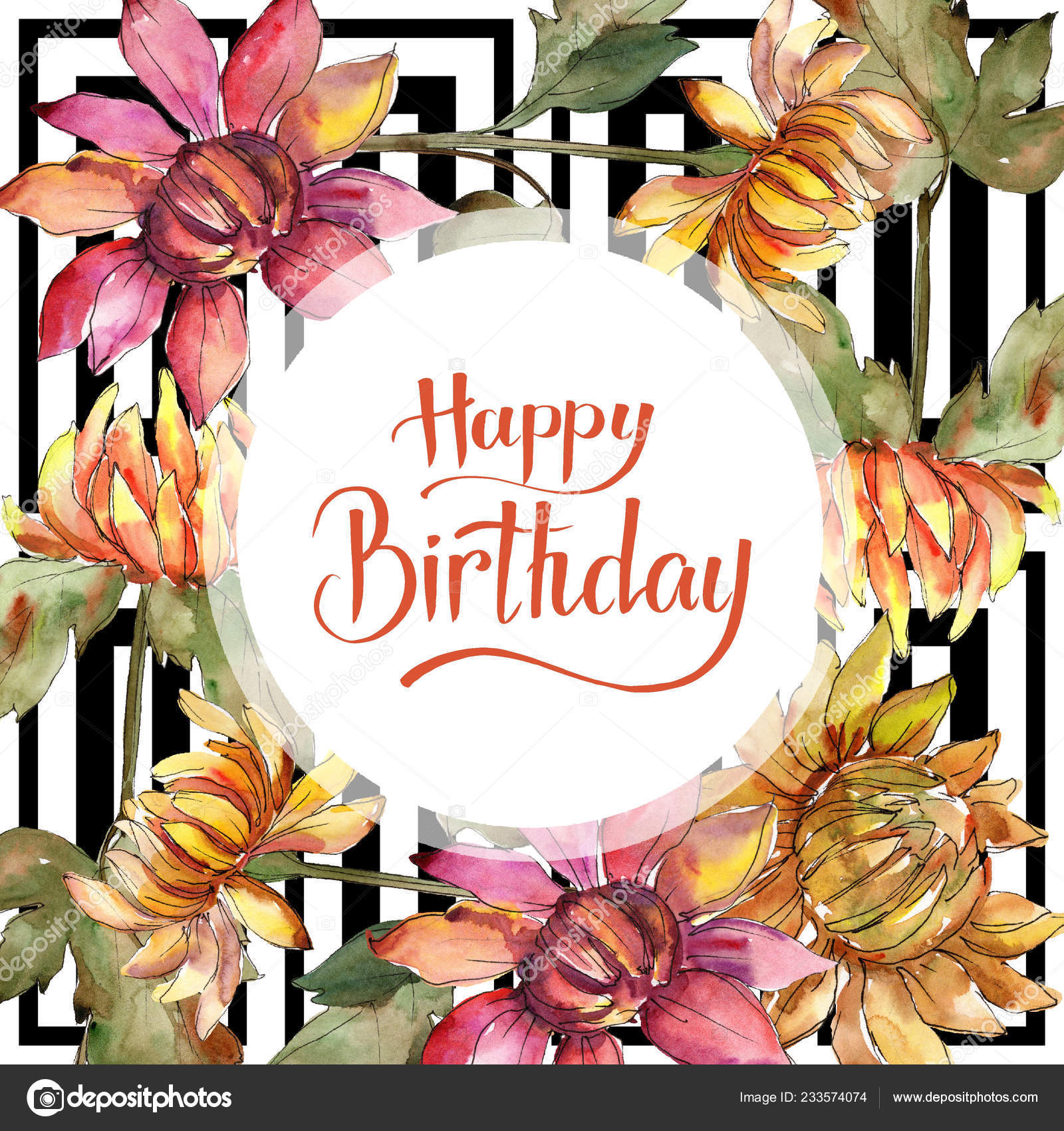 オレンジと赤のアスター 花植物の花 水彩画背景イラスト セット フレーム枠飾りスクエア ストック写真 C Mystocks