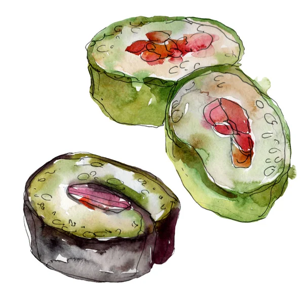 Acuarela sushi conjunto de hermosa sabrosa comida japonesa ilustración. Objetos dibujados a mano aislados sobre fondo blanco . — Foto de Stock