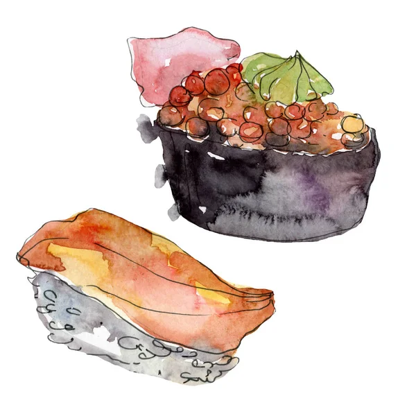 Ensemble de sushis aquarelle de belle illustration de nourriture japonaise savoureuse. Objets dessinés à la main isolés sur fond blanc . — Photo