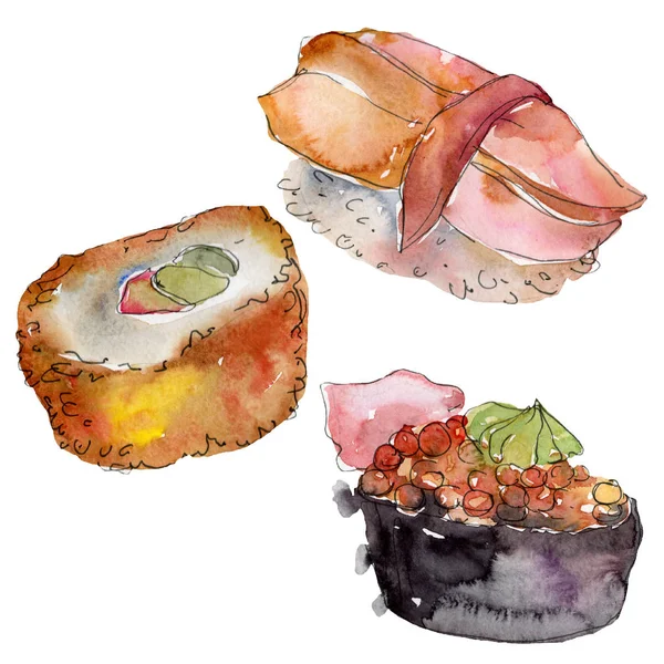 Akvarell sushi készlet illusztráció szép finom japán ételeket. Kézzel rajzolt objektumok elszigetelt fehér background. — Stock Fotó