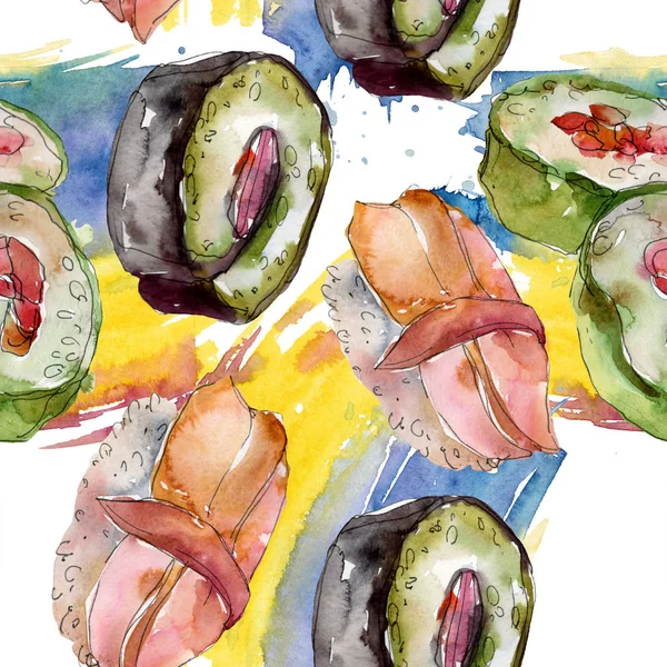 Aquarell-Sushi-Set von schönen schmackhaften japanischen Essen Illustration. nahtloses Hintergrundmuster. — Stockfoto