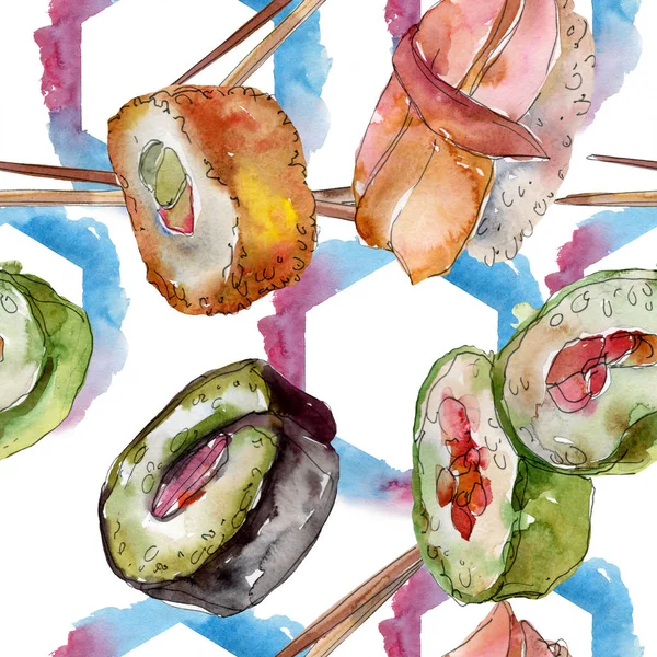 Acuarela sushi conjunto de hermosa sabrosa comida japonesa ilustración. Patrón de fondo sin costuras . — Foto de Stock