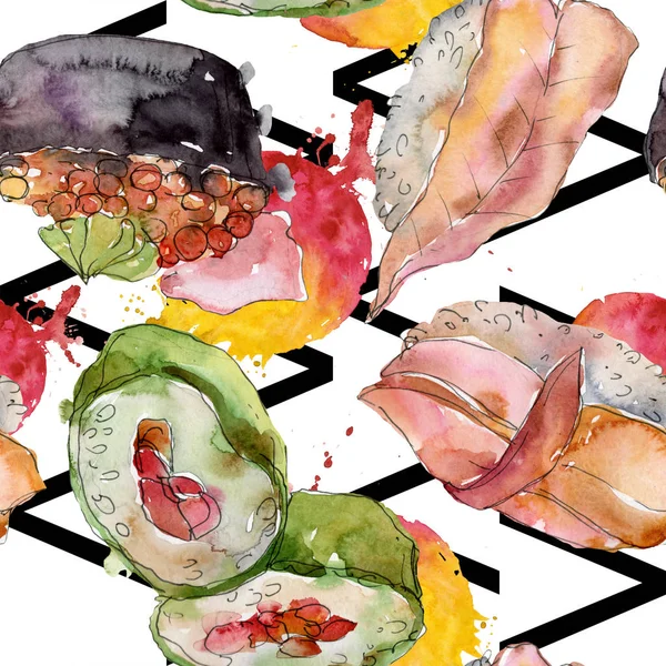美しい日本料理イラスト水彩寿司セットです。シームレスな背景パターン. — ストック写真