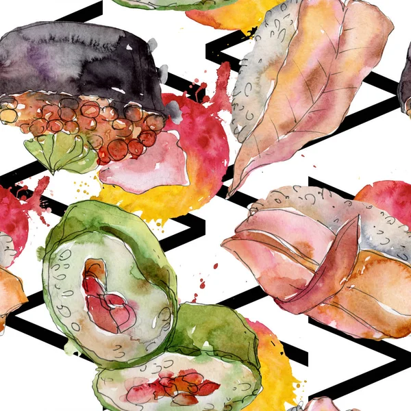 Acuarela sushi conjunto de hermosa sabrosa comida japonesa ilustración. Patrón de fondo sin costuras . — Foto de Stock