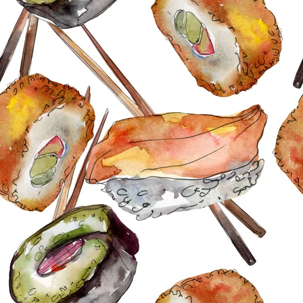 Ensemble de sushis aquarelle de belle illustration de nourriture japonaise savoureuse. Modèle de fond sans couture . — Photo