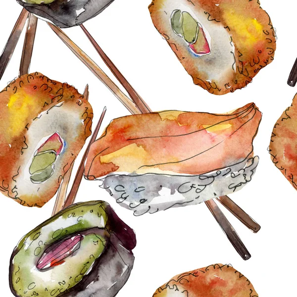 Acuarela sushi conjunto de hermosa sabrosa comida japonesa ilustración. Patrón de fondo sin costuras . — Foto de Stock