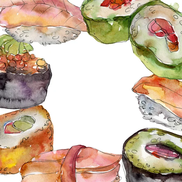 Acuarela sushi conjunto de hermosa sabrosa comida japonesa ilustración. Marco borde ornamento cuadrado . — Foto de Stock