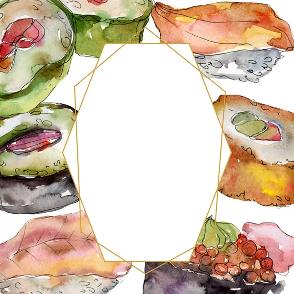 Ensemble de sushis aquarelle de belle illustration de nourriture japonaise savoureuse. Cadre bordure ornement carré . — Photo