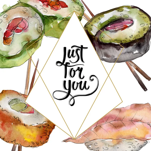 Acuarela sushi conjunto de hermosa sabrosa comida japonesa ilustración. Marco borde ornamento cuadrado . —  Fotos de Stock